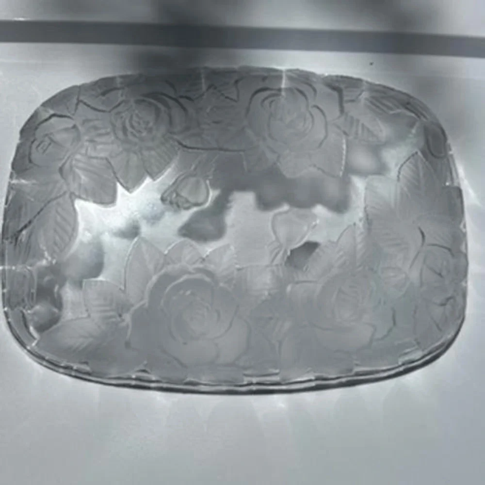 Frosted Rose Glass Serving Tray Scalloped Rectangular Floral Platter 11.5in